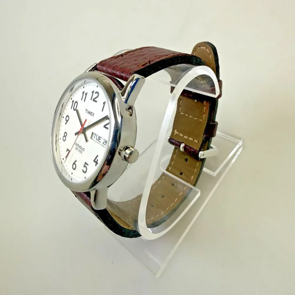 TIMEX Men's Watch T20041 Easy Reader Day/Date Silver Brown Leather 34mm NEW
